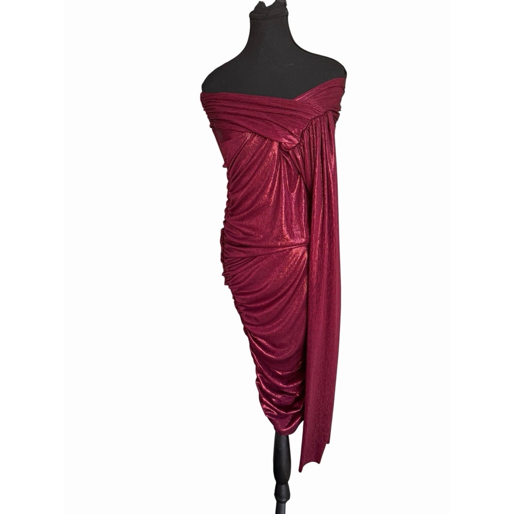 AKIRA - NWT Burgundy Metallic Strapless Ruched Bodycon Dress w/ Draped Scarf M